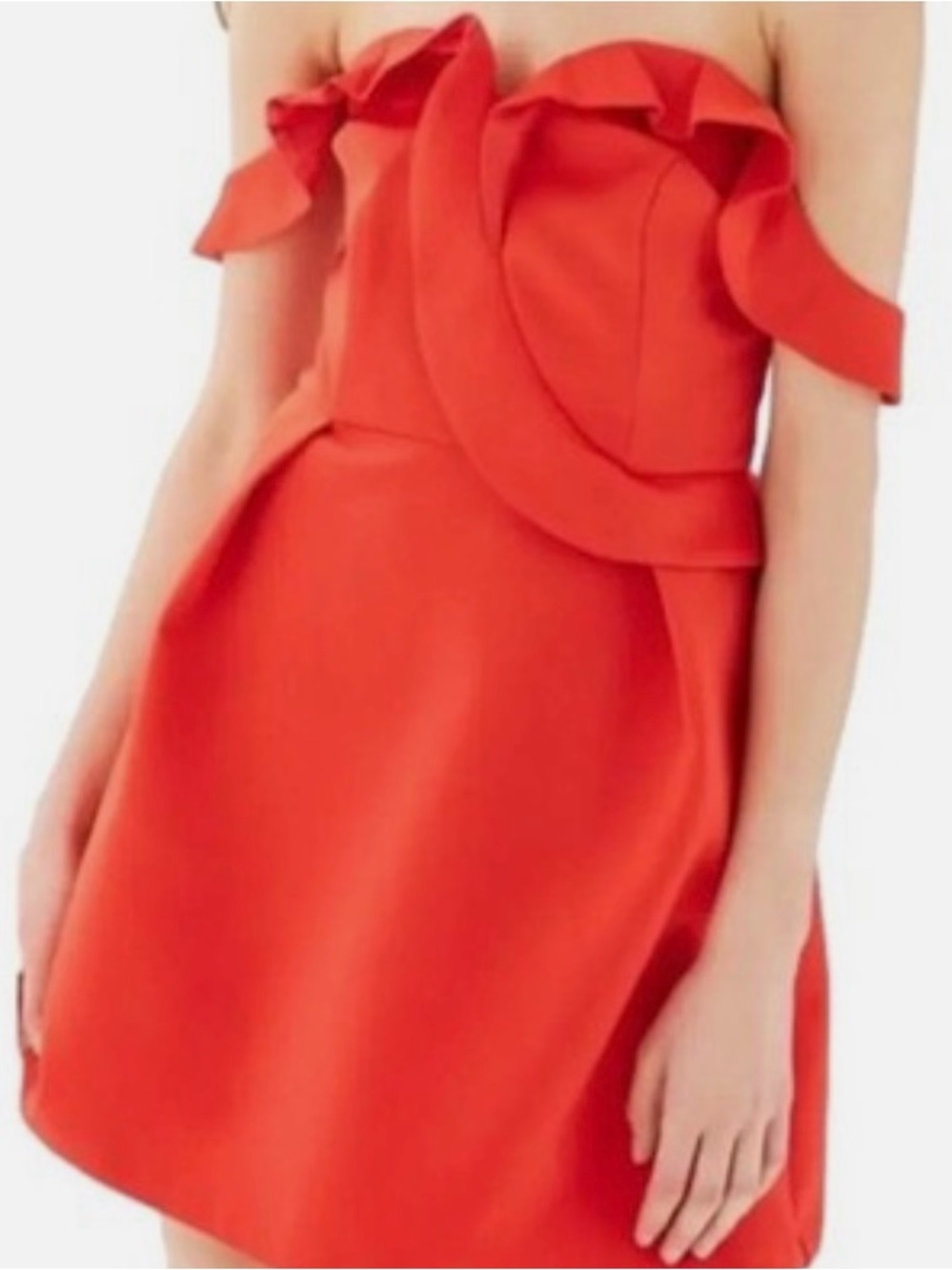 TOPSHOP Ruffle Bardot Off the Shoulder Red Minidress, Size 4